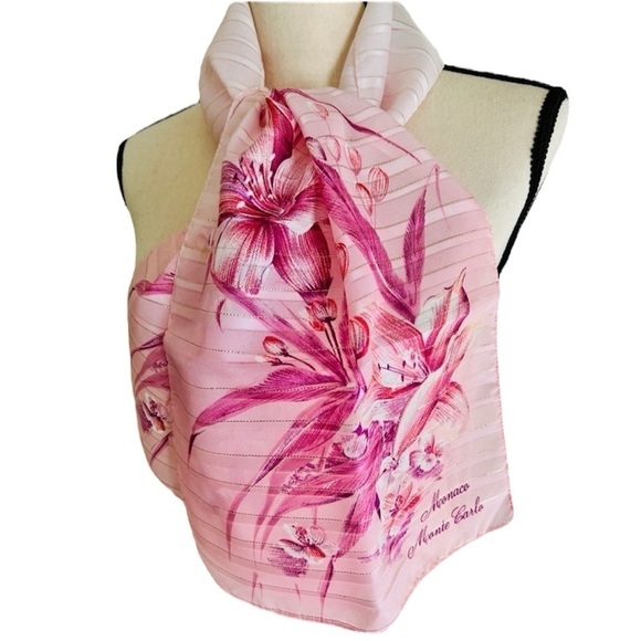 Vintage 1970s Scarf Sheer Oblong:  Monaco Monte Carlo Printed, Pink Rose Floral - Picture 1 of 15